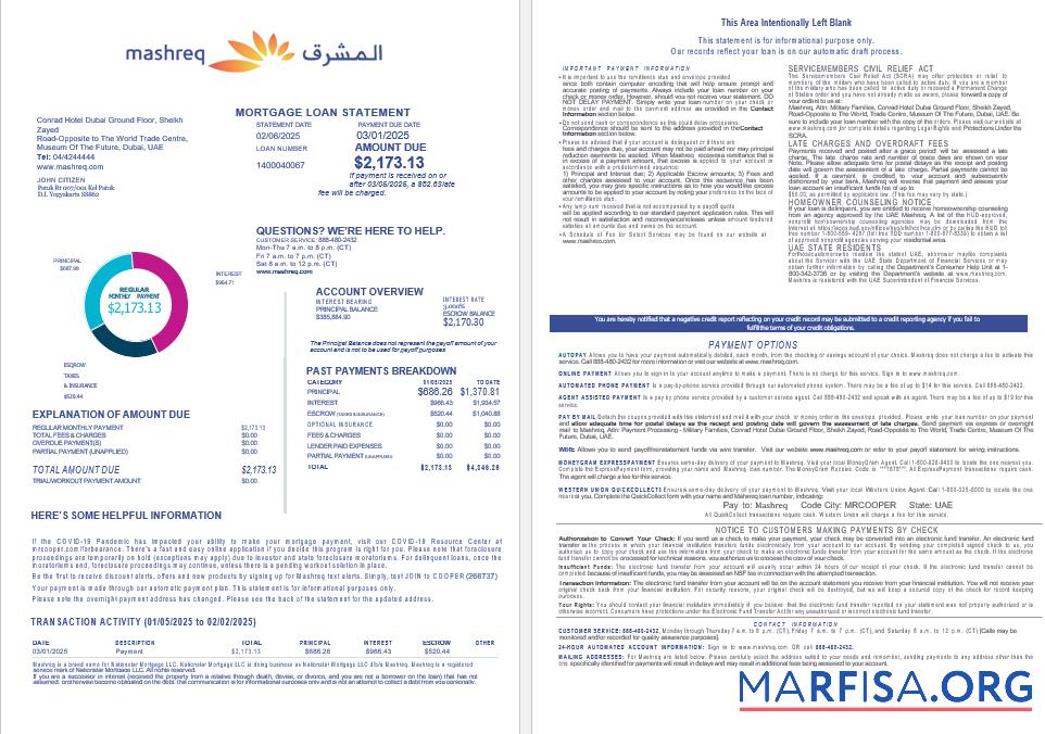 Blank UAE Mashreq mortgage loan statement in Word and PDF formats , 4 pages 1 2 download for verification